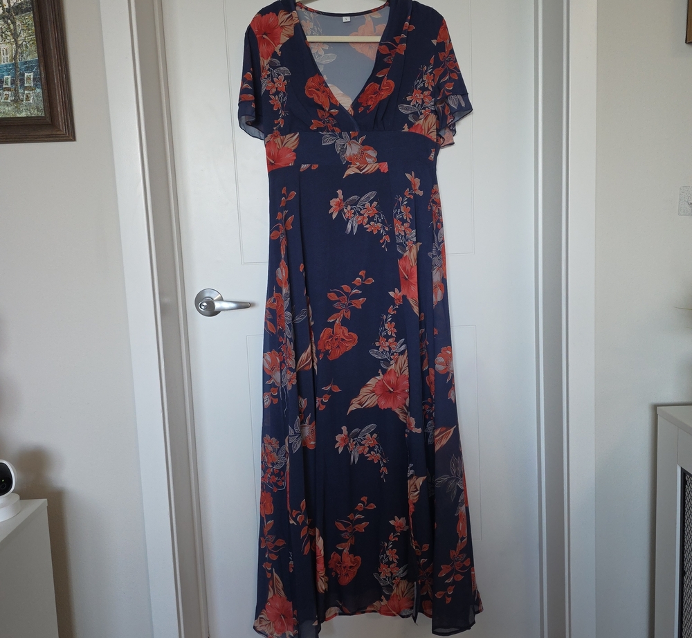 Navy Floral Maxi Dress with Coral Bloom Print